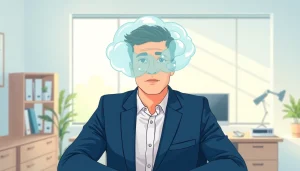 Illustration depicting brain fog with a person showing signs of cognitive confusion in a serene office.