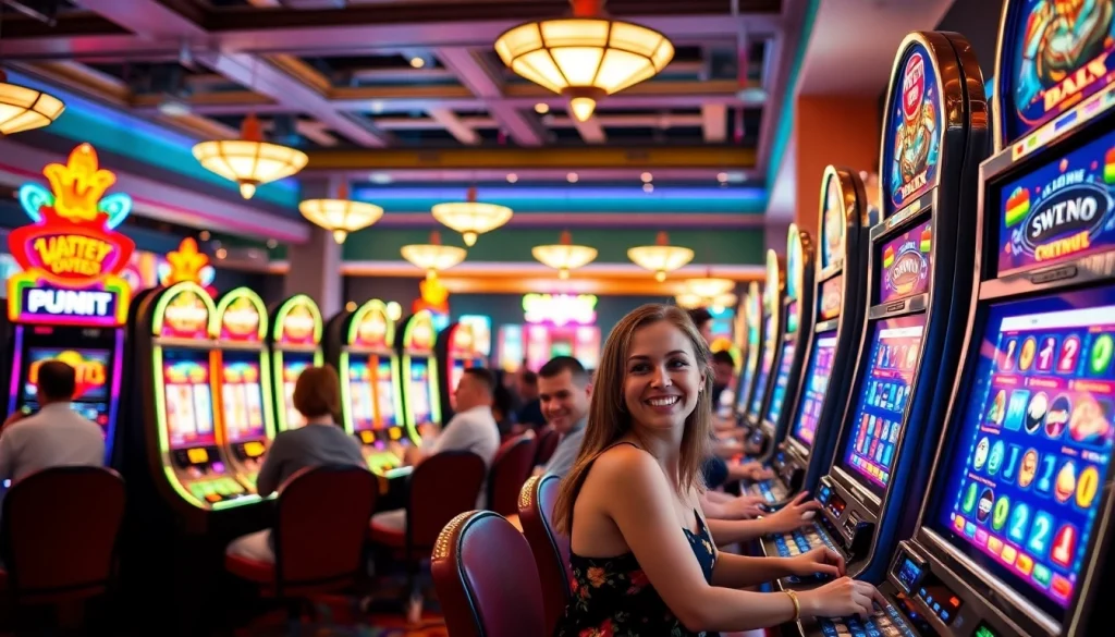 Bermain slot depo 1k di kasino yang meriah dengan lampu LED dan mesin slot berkilau.