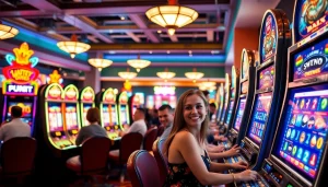 Bermain slot depo 1k di kasino yang meriah dengan lampu LED dan mesin slot berkilau.