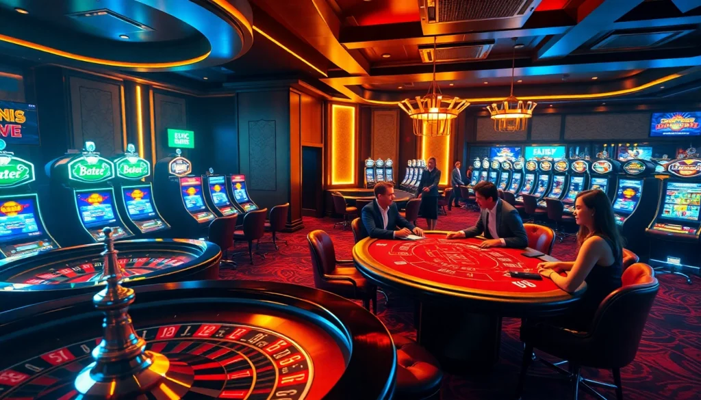 Players enjoying high-stakes games at BK8TH casino with vibrant slot machines and roulette tables.