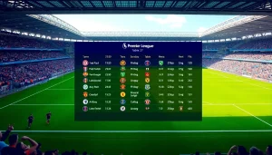 Analyze ตารางพรีเมียร์ลีก with vivid team stats and fans in an energetic soccer stadium.