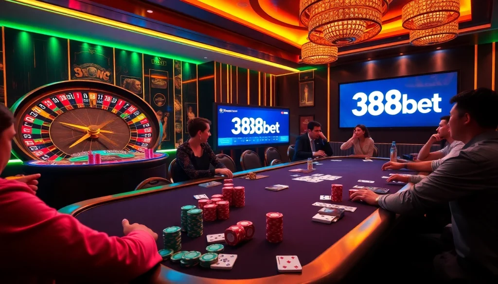 Players engaging in thrilling casino games at 388bet, with a vibrant poker table and roulette wheel.