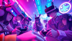 Engaging scene of characters in a colorful hentai game setting with vibrant anime aesthetics.