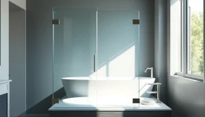 View of a stylish shower screen door in a contemporary bathroom with natural lighting.