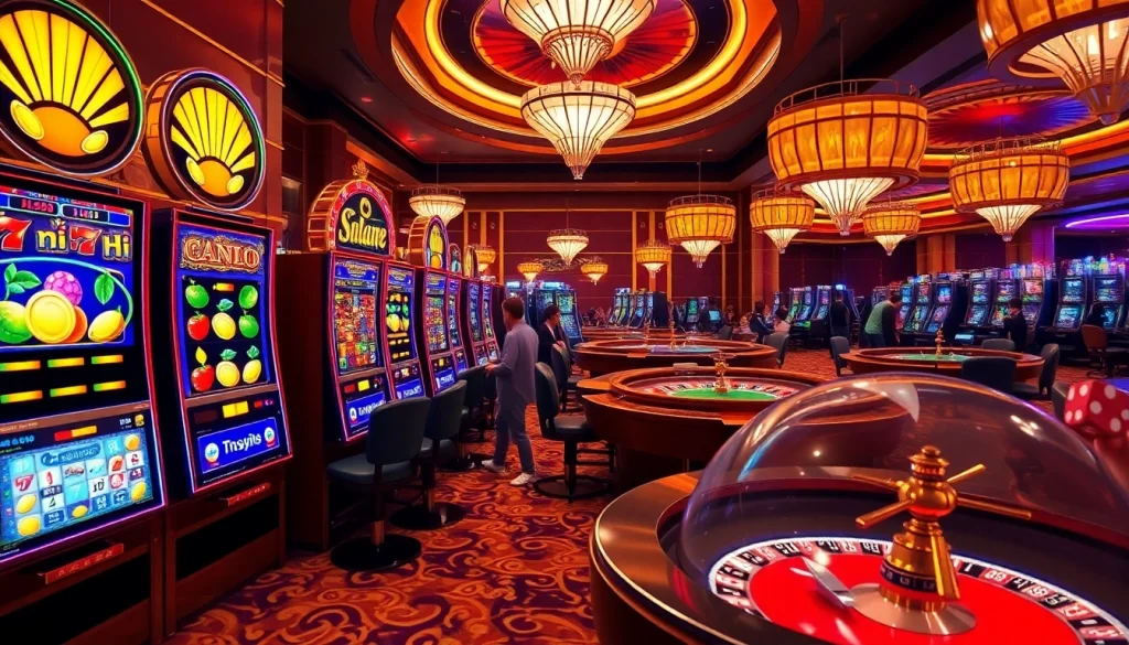 Players celebrating their wins at an exciting nổ hũ slot machine in a bustling casino.