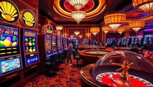 Players celebrating their wins at an exciting nổ hũ slot machine in a bustling casino.