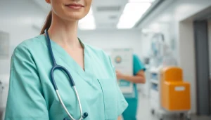 Professionele verpleegkundige katoen stof in moderne ziekenhuisomgeving met schone lijnen.