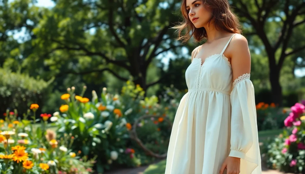 Model draagt linnen jurken in een zonovergoten tuin met bloemen en groen.