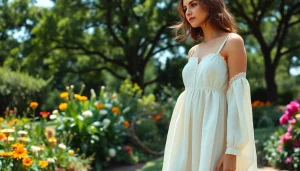 Model draagt linnen jurken in een zonovergoten tuin met bloemen en groen.