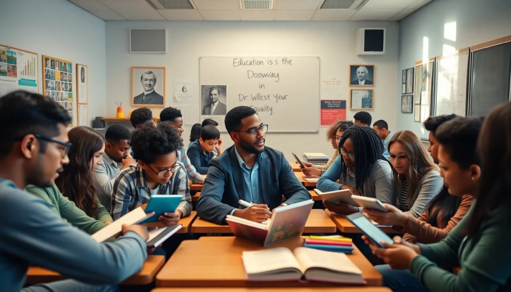 Engaging classroom scene showcasing education and equity with diverse students learning under Dr. Lynch's guidance.