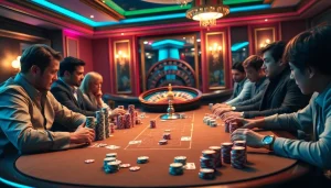 A thrilling moment at the 7upbet casino table with high-stakes gamblers, poker chips, and cards.