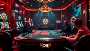 Experience the excitement of gambling at XX88 with a luxurious casino setting featuring poker and roulette.