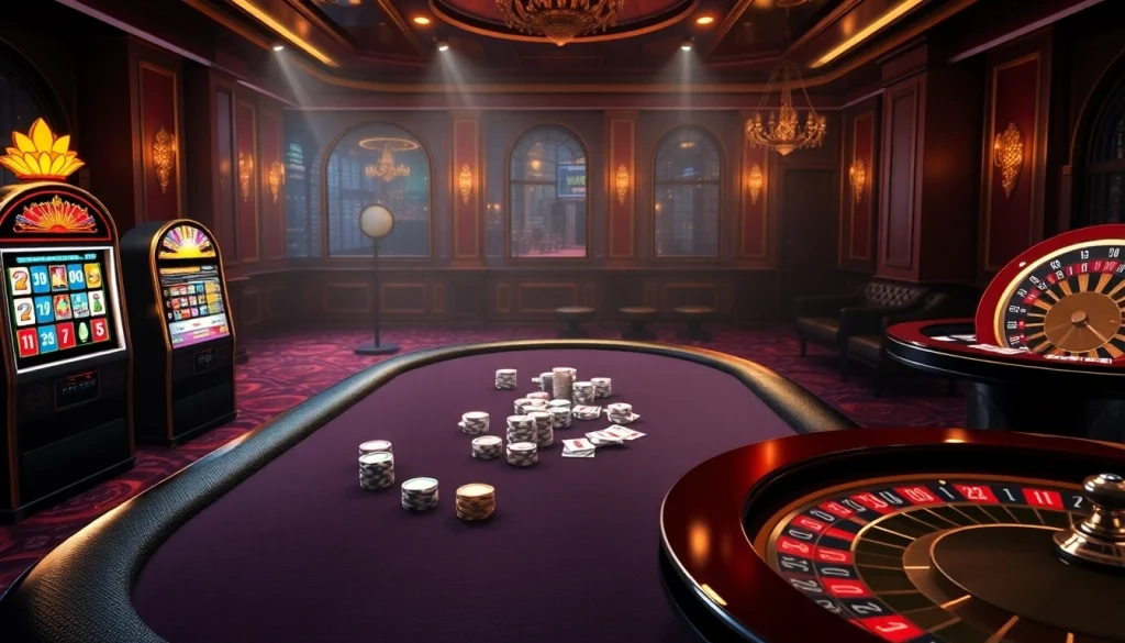 Exciting gambling action at MMOO casino, highlighting poker chips, roulette, and slot machines.