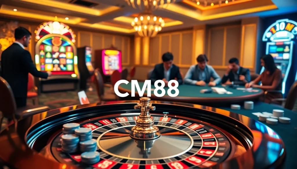 Experience excitement at CM88 with a vibrant casino scene showcasing roulette and poker.