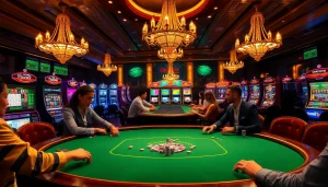 Engaged players at a luxurious poker table enjoying onicplay gaming experience with vibrant slot machines.