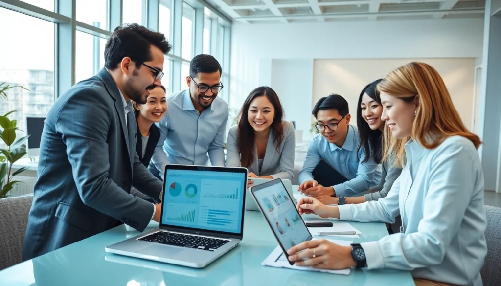 在现代办公室中协作，展示 WPS官网 界面，强调团队协作与科技。