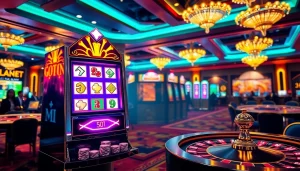 Penjudi yang antusias berinteraksi dengan slot deposit pulsa tanpa potongan di kasino mewah dengan mesin slot yang berwarna-warni.