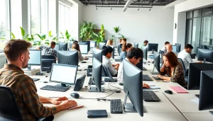 Engaged professionals at a vibrant typing center enhancing productivity and teamwork.