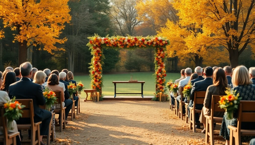 Ceremony setup at Clarksburg Wedding Venues with floral altar and natural surroundings.