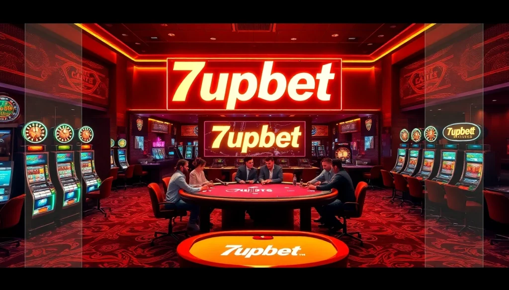 Exciting casino scene showcasing players at a poker table with vibrant 7upbet branding.