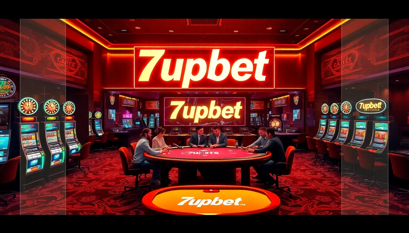 Exciting casino scene showcasing players at a poker table with vibrant 7upbet branding.