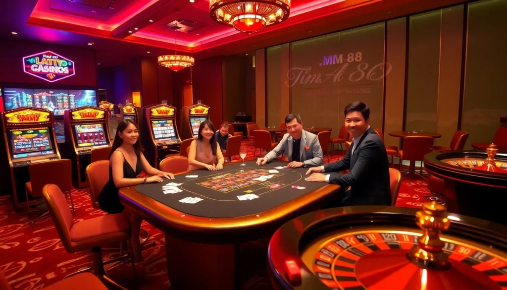 Players enjoying a thrilling moment at MM 88 casino with vibrant slot machines and card tables.