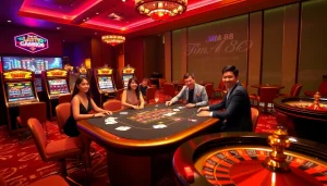 Players enjoying a thrilling moment at MM 88 casino with vibrant slot machines and card tables.