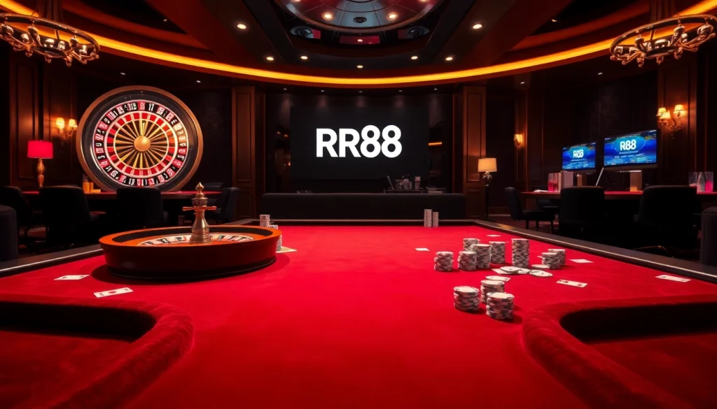RR88 poker chips and roulette wheel showcased in an elegant casino setting, highlighting high-stakes excitement.