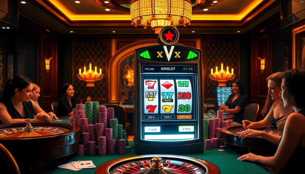 IDNSlot slot machine surrounded by poker chips and roulette wheels in a luxurious casino setting.
