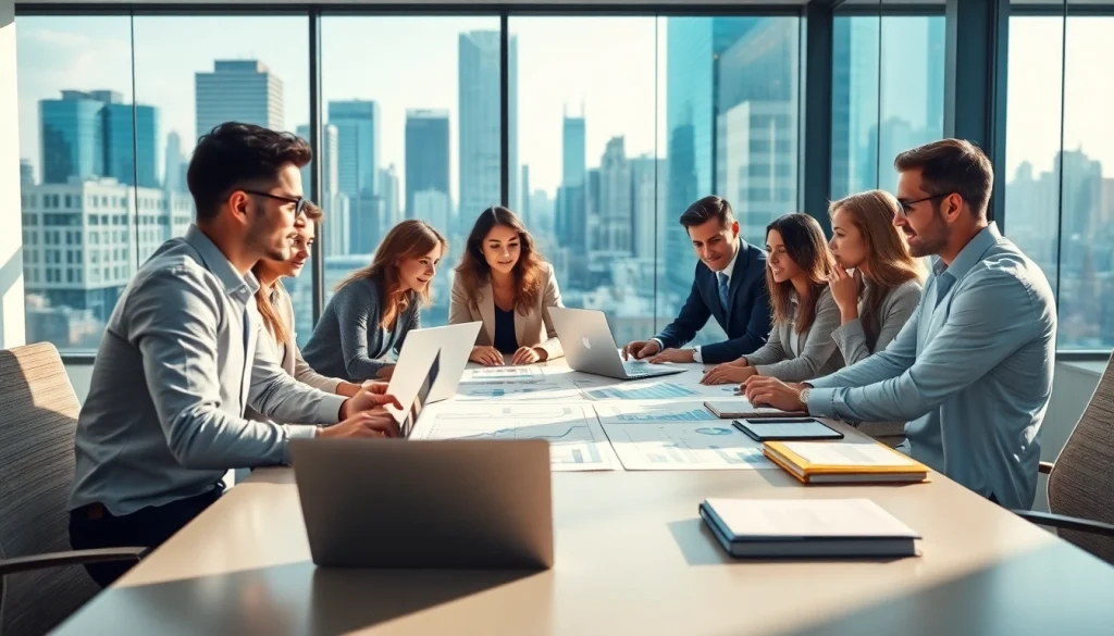 Analyzing growth strategy trends during a collaborative business meeting in a modern office.