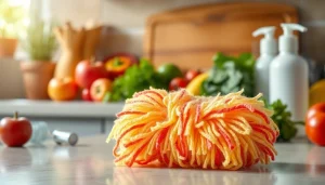 Enhance your kitchen cleaning routine with this vibrant kitchen loofah scrubber.