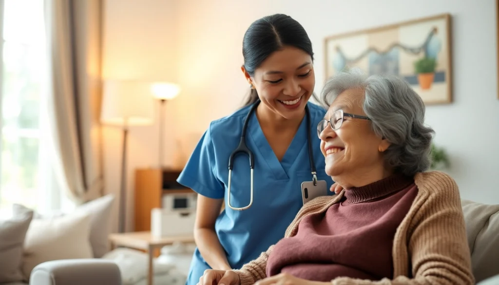 Engaging moment of austin senior home care with a caregiver supporting a senior in a cozy living room.