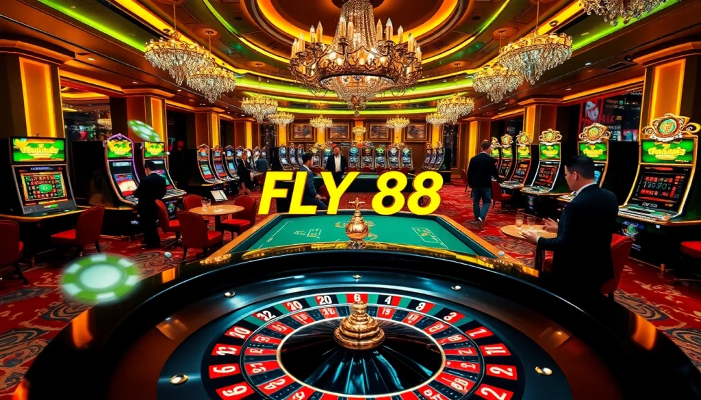 Players engaged in high-stakes gambling at FLY 88's luxurious casino table, featuring roulette and poker.