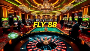 Players engaged in high-stakes gambling at FLY 88's luxurious casino table, featuring roulette and poker.