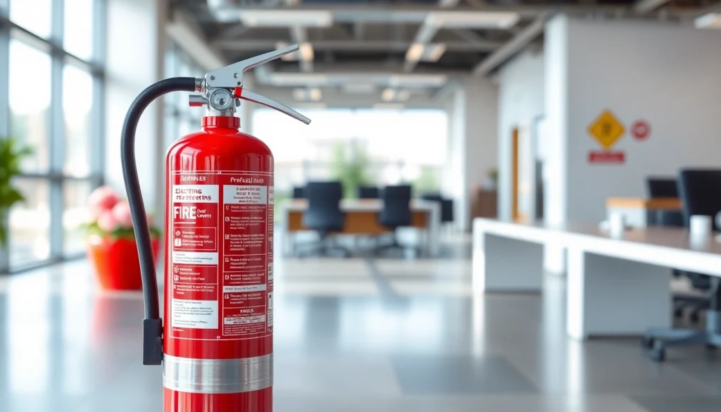 Showcase an electrical fire extinguisher emphasizing safety features in a modern office environment.