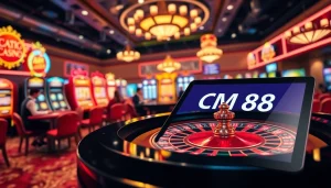 Experience the thrill of link CM88 at a vibrant casino with roulette and colorful slot machines.