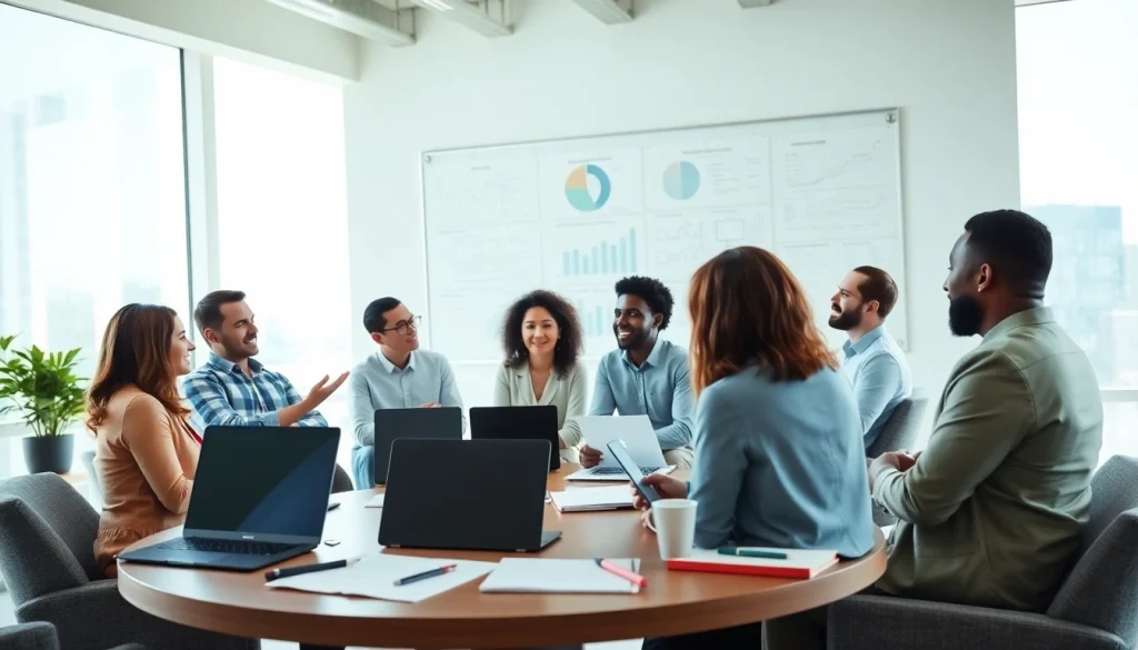 Engaged team in a professional business coaching service session discussing strategy in a bright office.