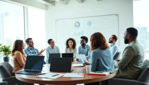Engaged team in a professional business coaching service session discussing strategy in a bright office.