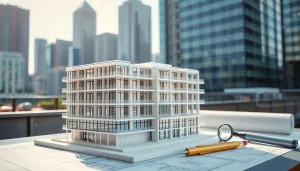 Architekturmodellbau Mönchengladbach mit detailliertem modernem Gebäude im urbanen Umfeld.