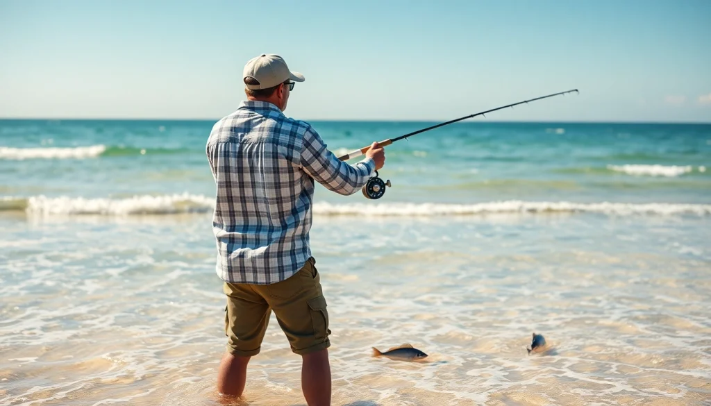 Skilled angler practicing saltwater fly fishing on a sunny beach, casting into vibrant blue waters.
