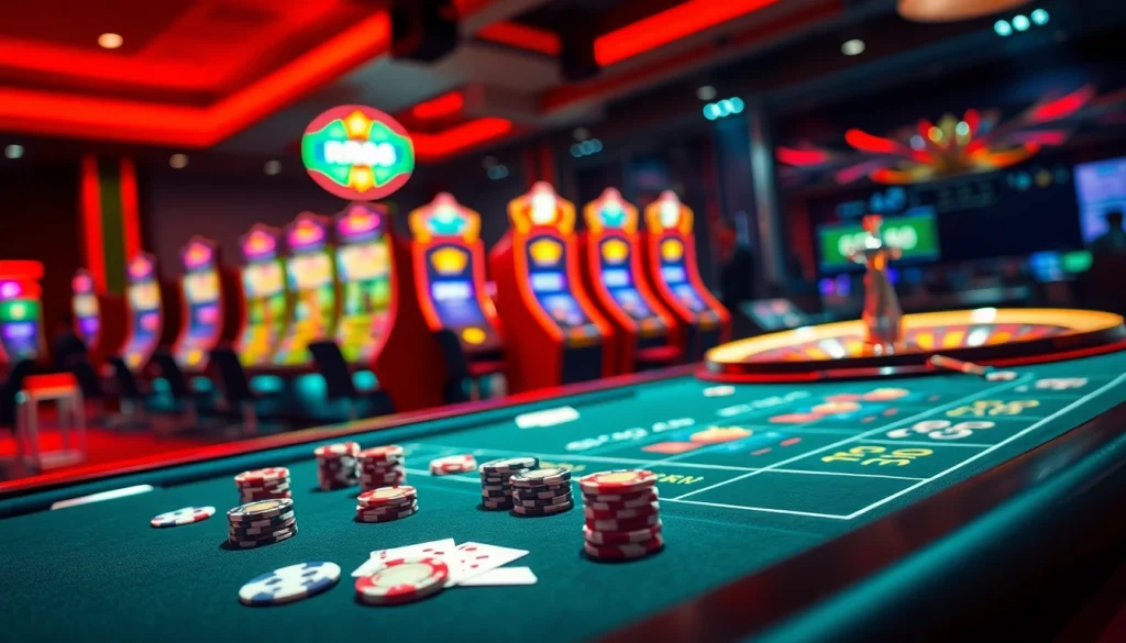 Exciting RR88 online gambling scene with vibrant casino tables and illuminated slot machines.