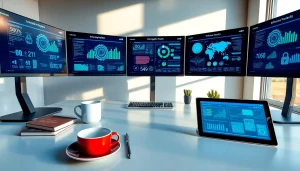 Detailed cybersecurity workspace showcasing infosec analytics on multiple screens.
