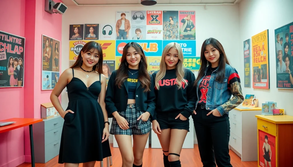 Blackpink members showcasing their unique styles and charisma in a vibrant studio.