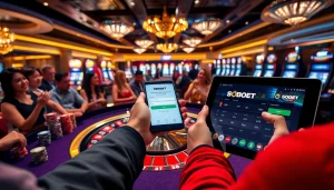 Sbobet login interface displayed at a lively casino scene, showcasing active players betting at a roulette table.