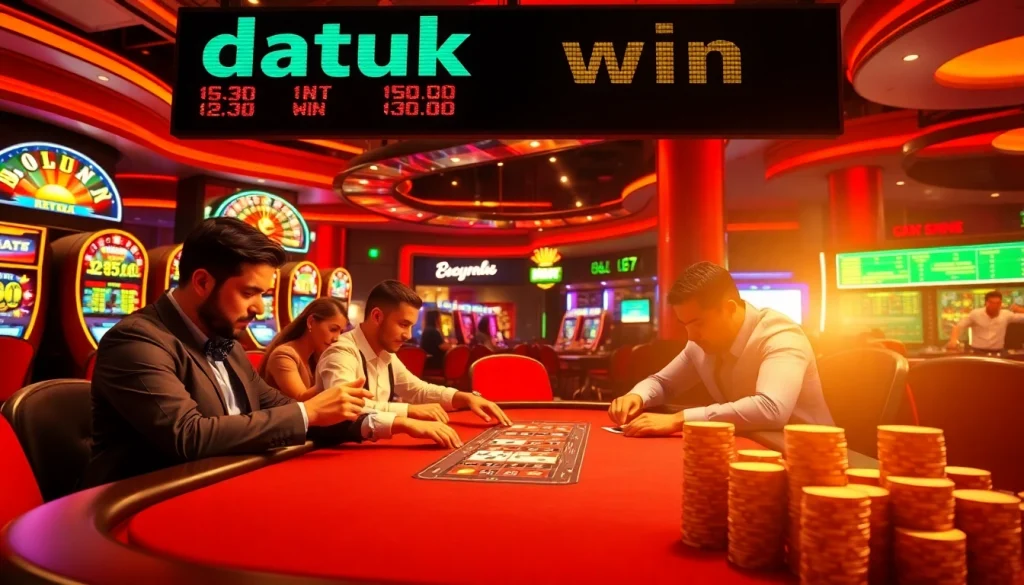 Rasakan sensasi kemenangan Datuk Win di kasino mewah ini dengan lampu berkilau dan permainan taruhan tinggi.