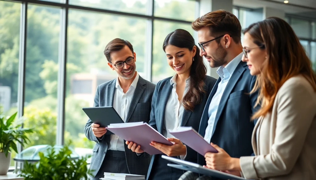 Environmental law firm team discussing sustainability strategies in a modern office.