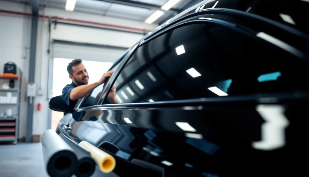 Enhance your ride with expert auto window tint near me being applied in a modern garage.