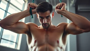 Athlete using resistance bands for pull-ups in a vibrant gym setting, showcasing strength and fitness.