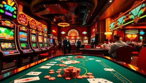 Engaging scene with slot machines and poker table highlighting slot depo 5rb excitement in a luxurious casino.