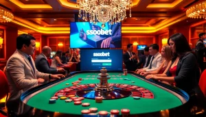 Sbobet login interface displayed at a luxurious casino table, highlighting vibrant chips and lights.